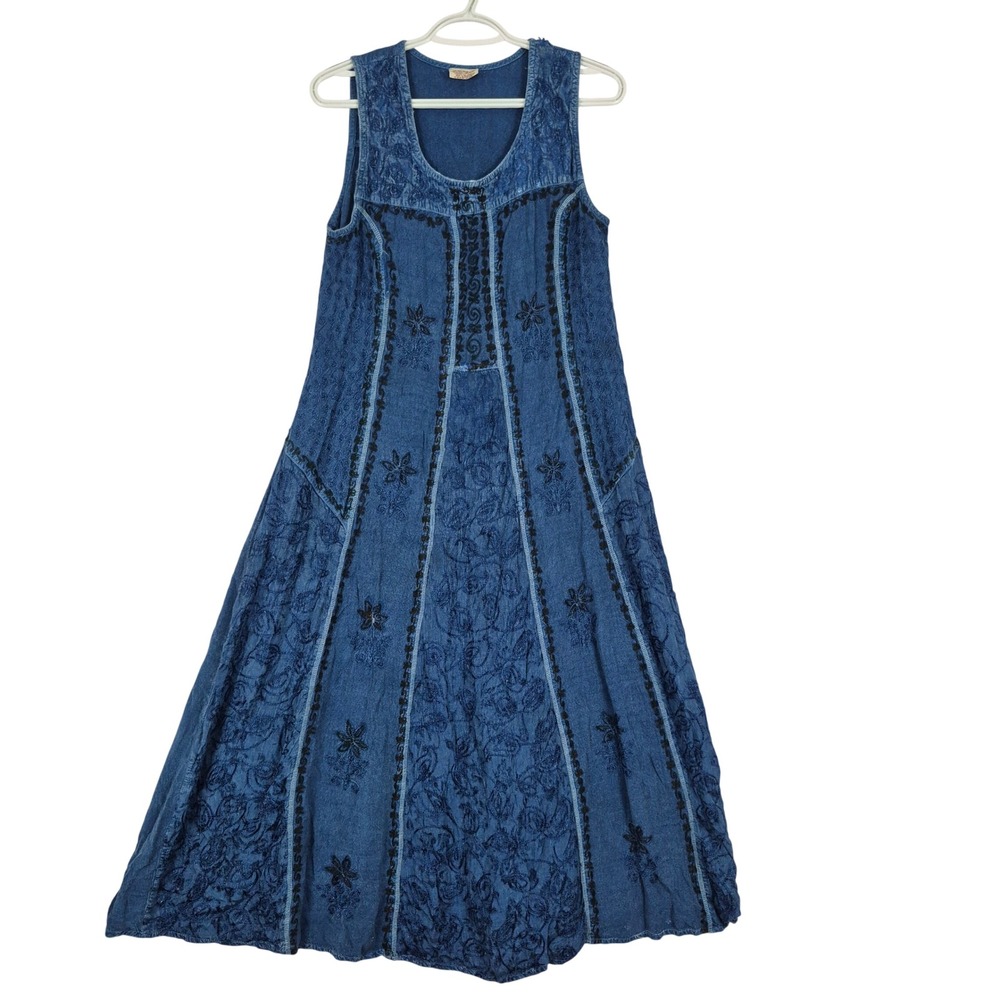 Boho Indigo Blue Midi Maxi Dress Made in India Embroidered Tie Back Free Size